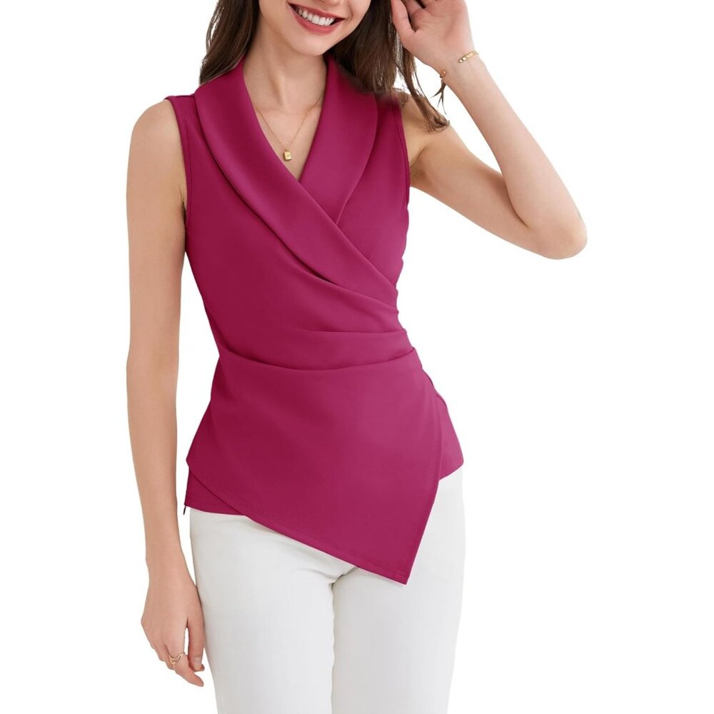 💫 Women Wrap V Neck Casual Work Top Red Sleeveless Office Dressy Summer Blouse